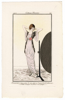 Fernand SIMEON 1912 Journal des Dames et des Modes Costumes Parisiens Pochoir N°26 Déshabillé de Mousseline de soie