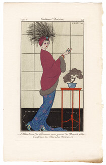 George Barbier 1912 Journal des Dames et des Modes Costumes Parisiens Pochoir N°35 Manteau de Damas rose