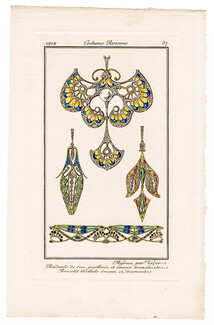 Vever 1912 Journal des Dames et des Modes Pochoir N°37 Pendants de Cou, joaillerie et émaux translucides, Bracelet libellules émaux et diamants