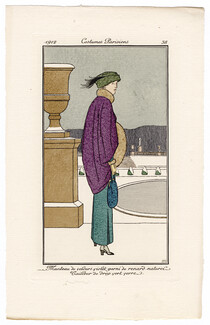 Bernard Boutet de Monvel 1912 Journal des Dames et des Modes Costumes Parisiens Pochoir N°38 Manteau de Velours