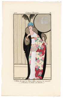 George Barbier 1912 Journal des Dames et des Modes Costumes Parisiens Pochoir N°39 Robe de crêpe de Chine blanc