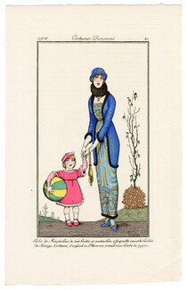 Armand Vallée 1912 Journal des Dames et des Modes Costumes Parisiens Pochoir N°41 Robe de mousseline de soie brodée