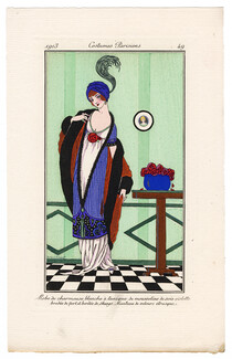 Robert Pichenot 1913 Journal des Dames et des Modes Costumes Parisiens Pochoir N°49 Robe de charmeuse blanche, Manteau de velours étrusque