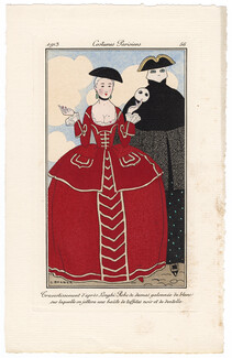 George Barbier 1913 Journal des Dames et des Modes Costumes Parisiens Pochoir N°56 Travestissement d'après Longhi