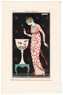 George Barbier 1913 Journal des Dames et des Modes Costumes Parisiens Pochoir N°61 Robe d'intérieur en soie brochée, Aquarium
