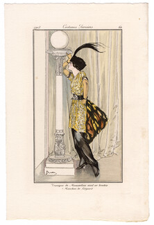 Etienne Drian 1913 Journal des Dames et des Modes Costumes Parisiens Pochoir N°62 Tunique de Mousseline vieil or brodée