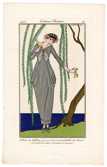 George Barbier 1913 Journal des Dames et des Modes Costumes Parisiens Pochoir N°91 Robe de taffetas gris