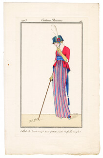 B. Berty 1913 Journal des Dames et des Modes Costumes Parisiens Pochoir N°95 Robe de linon rayé, AIME