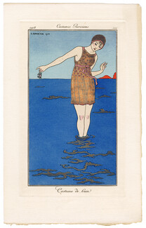George Barbier 1913 Journal des Dames et des Modes Costumes Parisiens Pochoir N°101 Costume de bain