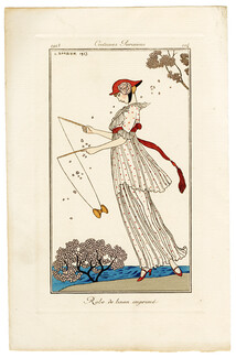 George Barbier 1913 Journal des Dames et des Modes Costumes Parisiens Pochoir N°104 Robe de linon imprimée, Diabolo