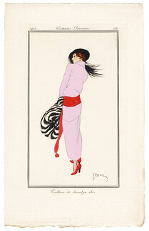 Etienne Drian 1914 Journal des Dames et des Modes Costumes Parisiens Pochoir N°130 Tailleur de duvetyn ibis