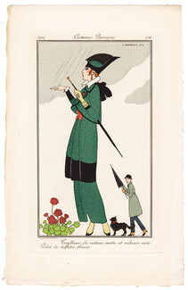 George Barbier 1914 Journal des Dames et des Modes Costumes Parisiens Pochoir N°156 Tailleur de ratine verte