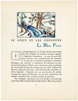 Le Gout et les Couleurs — Le Bleu Paon, 1923 - Pierre Mourgue, Peacock Blue. La Gazette du Bon Ton, n°2, Texte par Vaudreuil, 4 pages