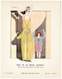 Que tu es Belle, Maman !, 1923 - Georges Lepape, Robe du soir, et robe de petite fille, de Jeanne Lanvin. La Gazette du Bon Ton, n°3 — Planche 12
