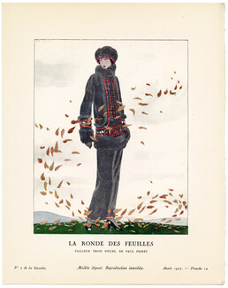 La Ronde des Feuilles, 1923 - A. E. Marty, Tailleur trois pièces, de Paul Poiret. La Gazette du Bon Ton, n°3 — Planche 14
