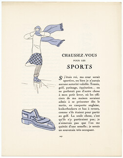 Chaussez-vous pour les Sports, 1924 - Pierre Mourgue, Perugia, Ice Skating, Golf, Tennis, Hunting. La Gazette du Bon Ton, n°6, Texte par Vaudreuil, 4 pages
