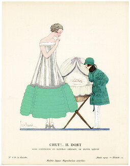 Chut !... Il Dort, 1924 - Georges Lepape, Robe d’intérieur et manteau d’enfant, de Jeanne Lanvin. La Gazette du Bon Ton, n°6 — Planche 25