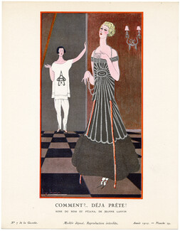 Comment ?.. Déjà Prête !, 1924 - Georges Lepape, Robe du soir et pyjama, de Jeanne Lanvin. La Gazette du Bon Ton, n°7 — Planche 39