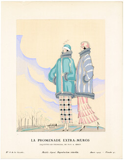 La Promenade Extra-Muros, 1924 - Charles Martin, Jaquettes en fourrure, de Max-A. Leroy. La Gazette du Bon Ton, n°8 — Planche 43