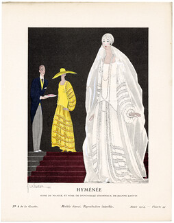 Hyménée, 1924 - Georges Lepape, Robe de mariée, et robe de demoiselle d’honneur, de Jeanne Lanvin. La Gazette du Bon Ton, n°8 — Planche 44