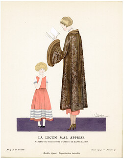 La Leçon Mal Apprise, 1924 - Georges Lepape, Manteau du soir et robe d'enfant, de Jeanne Lanvin. La Gazette du Bon Ton, n°9 — Planche 50