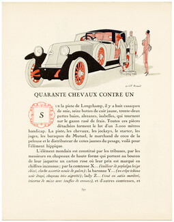 Quarante Chevaux Contre Un, 1924 - Pierre Mourgue, Renault. La Gazette du Bon Ton, n°10, Text by James de Coquet, 4 pages