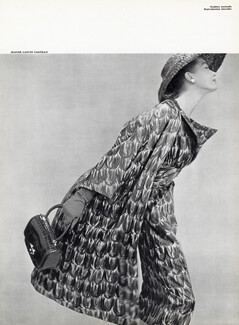 Jeanne Lanvin Castillo 1957 Soie imprimée Cendron-Perceval, Sac et gants Hermès