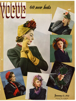 Vogue Cover January 15, 1941 Millinery, John Frederics, Lilly Daché... Photo Rawlings