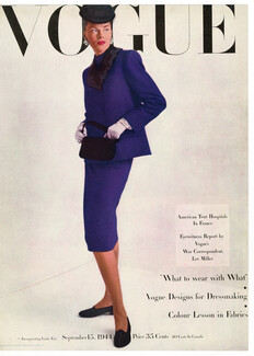 Vogue Cover September 15, 1944 Blue Suit, John Frederics (Hat, bag), Photo Irving Penn