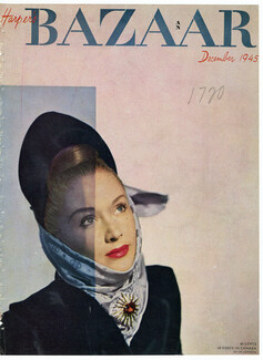 Harper's Bazaar Cover December 1945 Reboux, Kerchief, Verdura's Jewel, Photo Louise Dahl-Wolfe