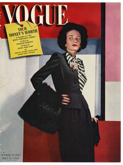 American Vogue Cover October 15, 1942 Carolyn Modes Suit, Muff, Photo Horst