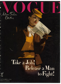 American Vogue Cover September 1, 1943 Traina Norell, Rodier, Suit, Photo Rawlings