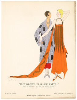 "Une minute, et je suis prête...", 1924 - Georges Lepape, Robe et manteau du soir, de Jeanne Lanvin. La Gazette du Bon Ton, 1924-1925 n°3 — Planche 19
