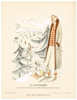 La Patinoire, 1924 - Madeleine Rueg, Costume et manteau, pour les sports d'hiver, de Madeleine Vionnet. La Gazette du Bon Ton, 1924-1925 n°5 — Planche 38