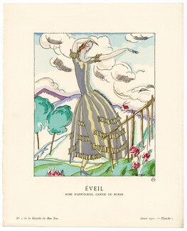 Éveil, 1921 - Pierre Mourgue, Robe d'après-midi, garnie de ruban. La Gazette du Bon Ton, n°1 — Planche 2