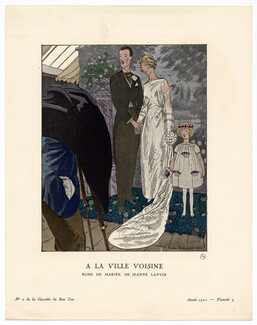 A la Ville Voisine, 1921 - Pierre Brissaud. Robe de mariée, de Jeanne Lanvin. La Gazette du Bon Ton, n°2 — Planche 9