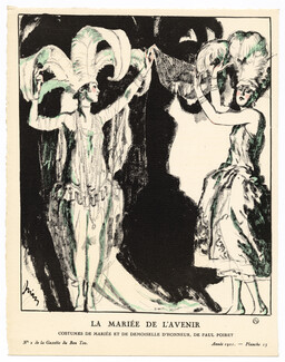 La Mariée de l'Avenir, 1921 - Etienne Drian. Costumes de mariée et de demoiselle d'honneur, de Paul Poiret. La Gazette du Bon Ton, n°2 — Planche 13