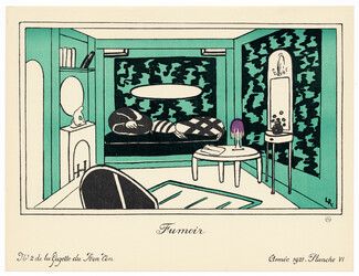 Fumoir, 1921 - Installation Moderne d'un Jeune Ménage, par Lucie Renaudot. Exécution de P.A. Dumas. La Gazette du Bon Ton, n°2 — Planche VI