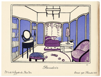Boudoir, 1921 - Installation Moderne d'un Jeune Ménage, par Lucie Renaudot. Exécution de P.A. Dumas. La Gazette du Bon Ton, n°2 — Planche VIII