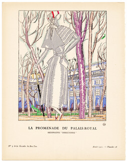 La Promenade du Palais-Royal, 1921 - Pierre Mourgue. Redingote "Directoire". La Gazette du Bon Ton, n°3 — Planche 18