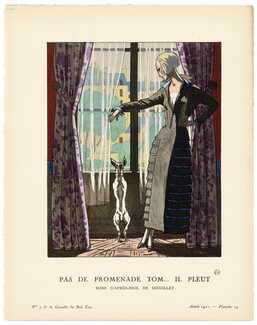 Pas de Promenade Tom... Il Pleut, 1921 - Pierre Brissaud. Robe d'après-midi, de Dœuillet. La Gazette du Bon Ton, n°3 — Planche 19