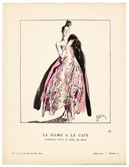La Dame à la Cape, 1921 - Etienne Drian. Ensemble pour le soir, de Beer. La Gazette du Bon Ton, n°3 — Planche 23
