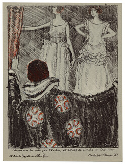 Les Modes en l'An de Grâce Mil Neuf Cent Vingt Un, 1921 - Woodruff. Manteau du soir de Worth, et robes de dîners de Dœuillet. La Gazette du Bon Ton, n°3 — Planche XI