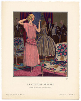 La Coiffure Réparée, 1921 - Pierre Brissaud. Robe de dîners, de Dœuillet. La Gazette du Bon Ton, n°4 — Planche 30