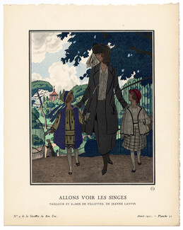Allons Voir les Singes, 1921 - Pierre Brissaud. Tailleur et robes de fillettes, de Jeanne Lanvin. La Gazette du Bon Ton, n°4 — Planche 31