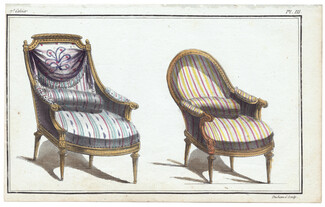 Furniture plate from "Cabinet des Modes" 15 Février 1786, 7° cahier, planche III, two wing chairs, Duhamel
