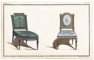 Furniture plate from "Cabinet des Modes" 15 Mars 1786, 9° cahier, planche II, Chairs, chaise à chapeau et chaise à ressaut, Gravé par Duhamel