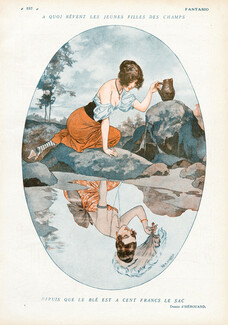 A quoi rêvent les jeunes filles des champs, 1921 - Hérouard Rural woman, Reflect in water