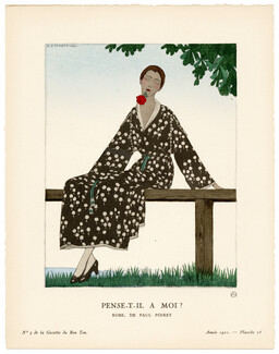 Pense-t-il à moi ?, 1921 - A. E. Marty, Robe de Paul Poiret. Art Deco Pochoir. La Gazette du Bon Ton, n°5 — Planche 38