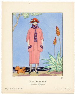 A Palm Beach, 1921 - George Barbier, Tailleur de Worth. Art Deco Pochoir. La Gazette du Bon Ton, n°5 — Planche 40